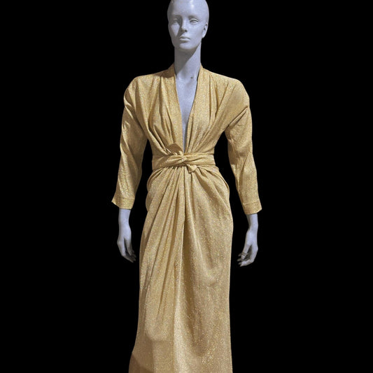 vintage 1970s evening dress gown, MARSHALL FIELD's DORIAN Metallic gold lurex knit goddess gown, Studio 54 disco party dress, very Halston