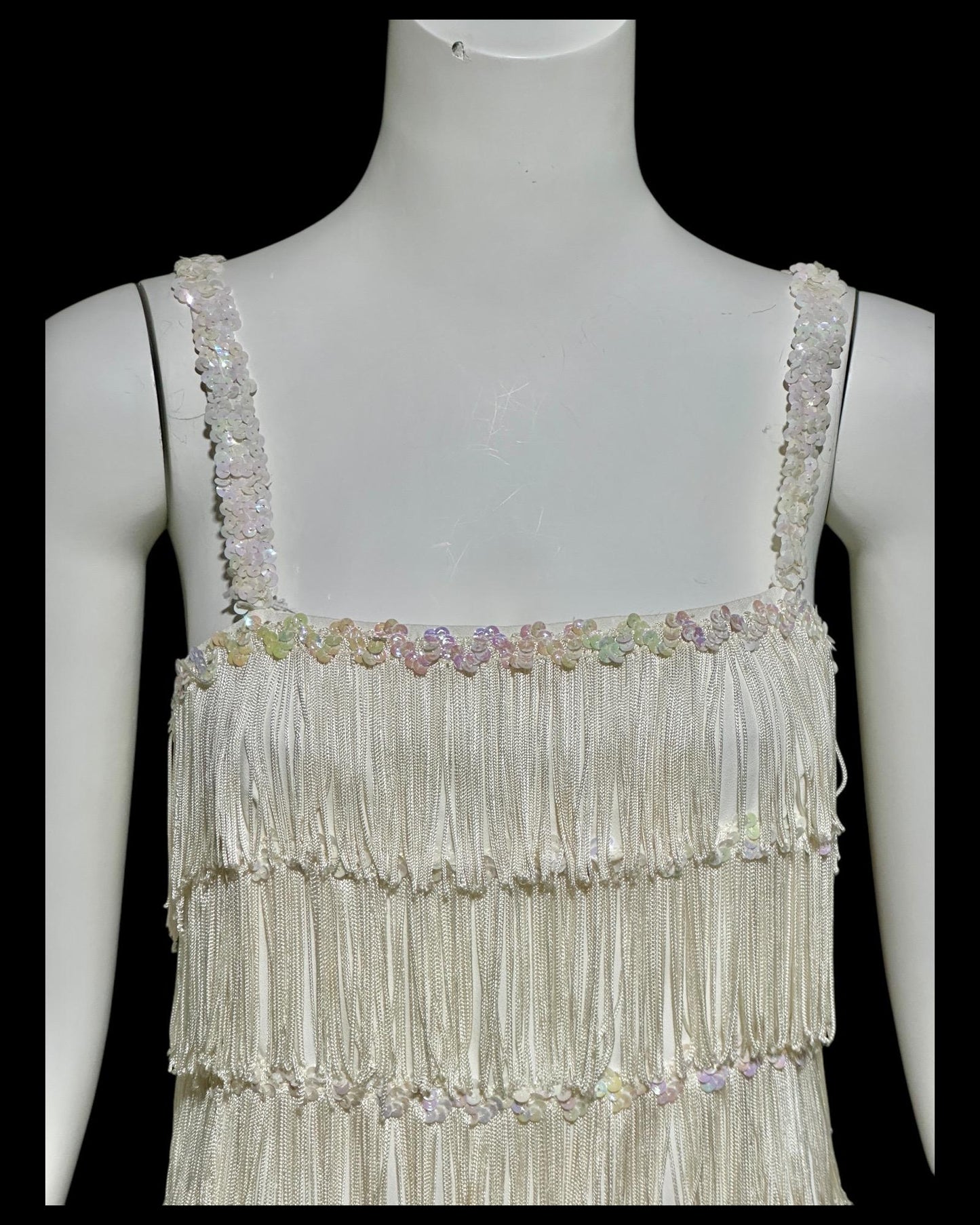 1960s vintage white fringed evening dress gown, column dress with sequins