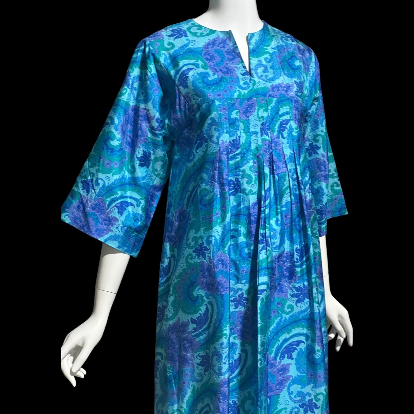1970s vintage Thai Silk Caftan dress, JIM THOMPSON? blue and purple silk paisley Hippie Boho Dress
