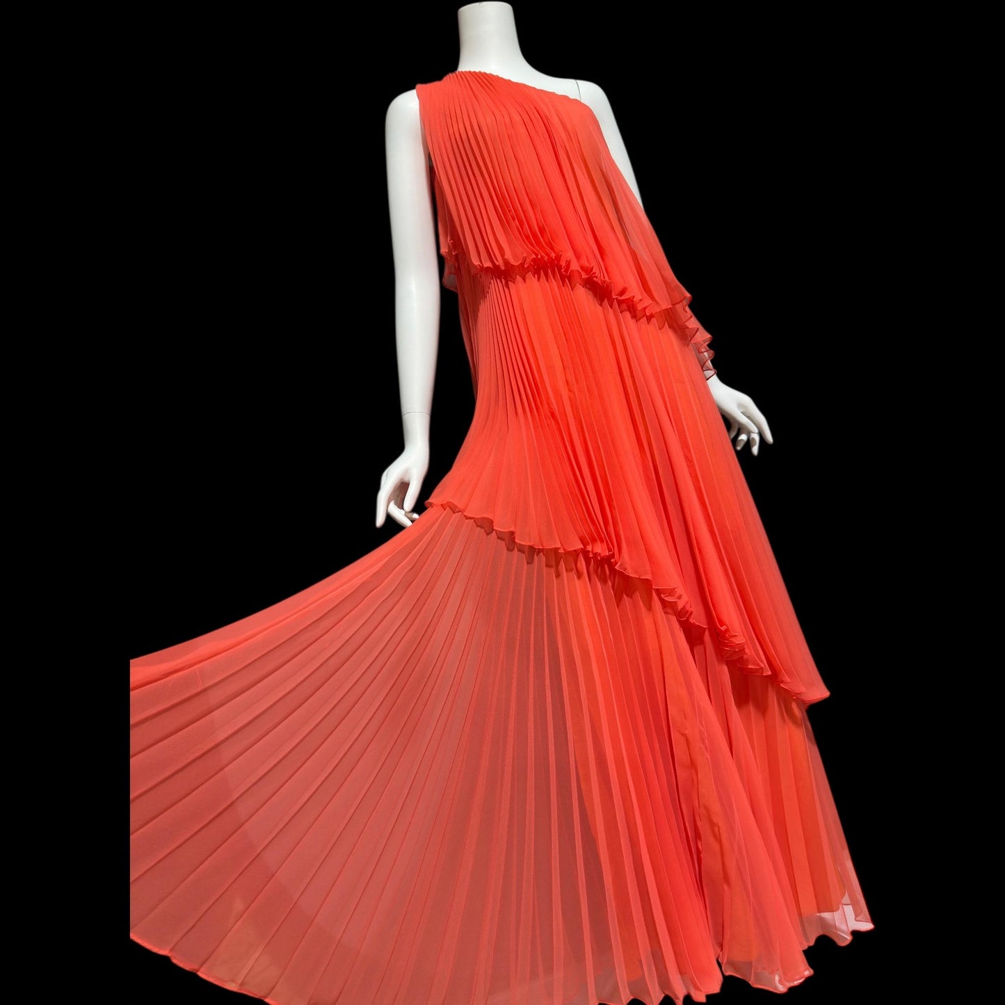 ESTEVEZ Vintage 1970s evening dress gown, Orange One Shoulder Pleated Chiffon full length gown