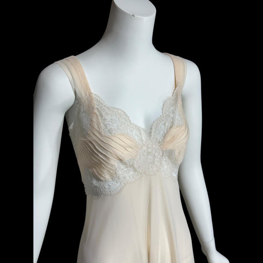 ROGERS vintage 1950s nightgown slip dress, ethereal soft peach chiffon and lace pin tucks, full length
