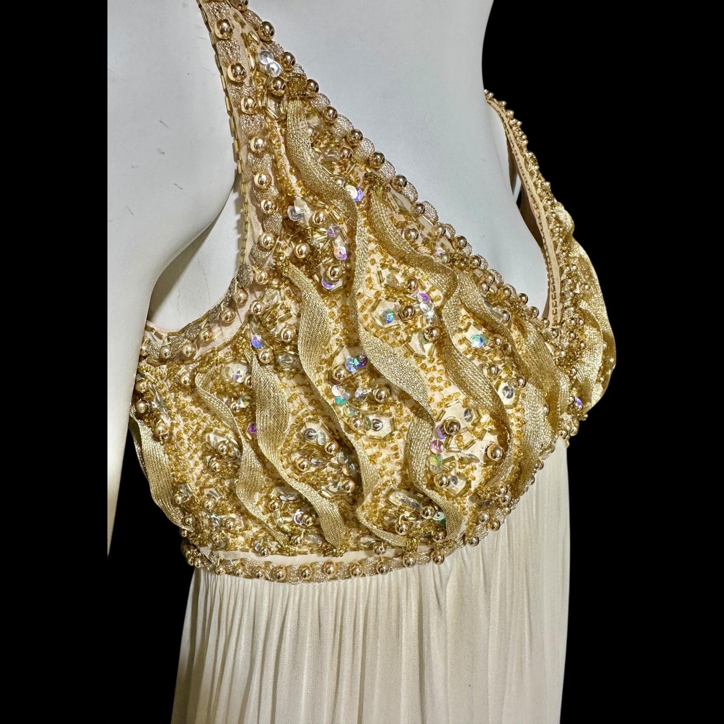 TOWN & COUNTRY vintage 1960s evening dress, white chiffon gold beads sequins wedding bridal gown