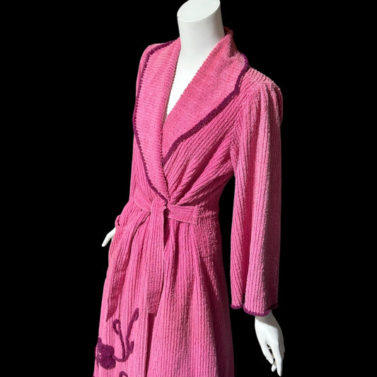 1940s vintage dressing gown robe, Raspberry Pink cotton chenille wrap front housecoat, full length hostess dress, Embroidered