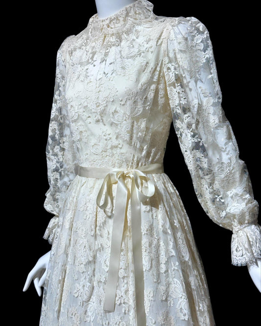 TRAVILLA vintage 1970s ivory lace dress, for ISABEL GERHART boho wedding party dress