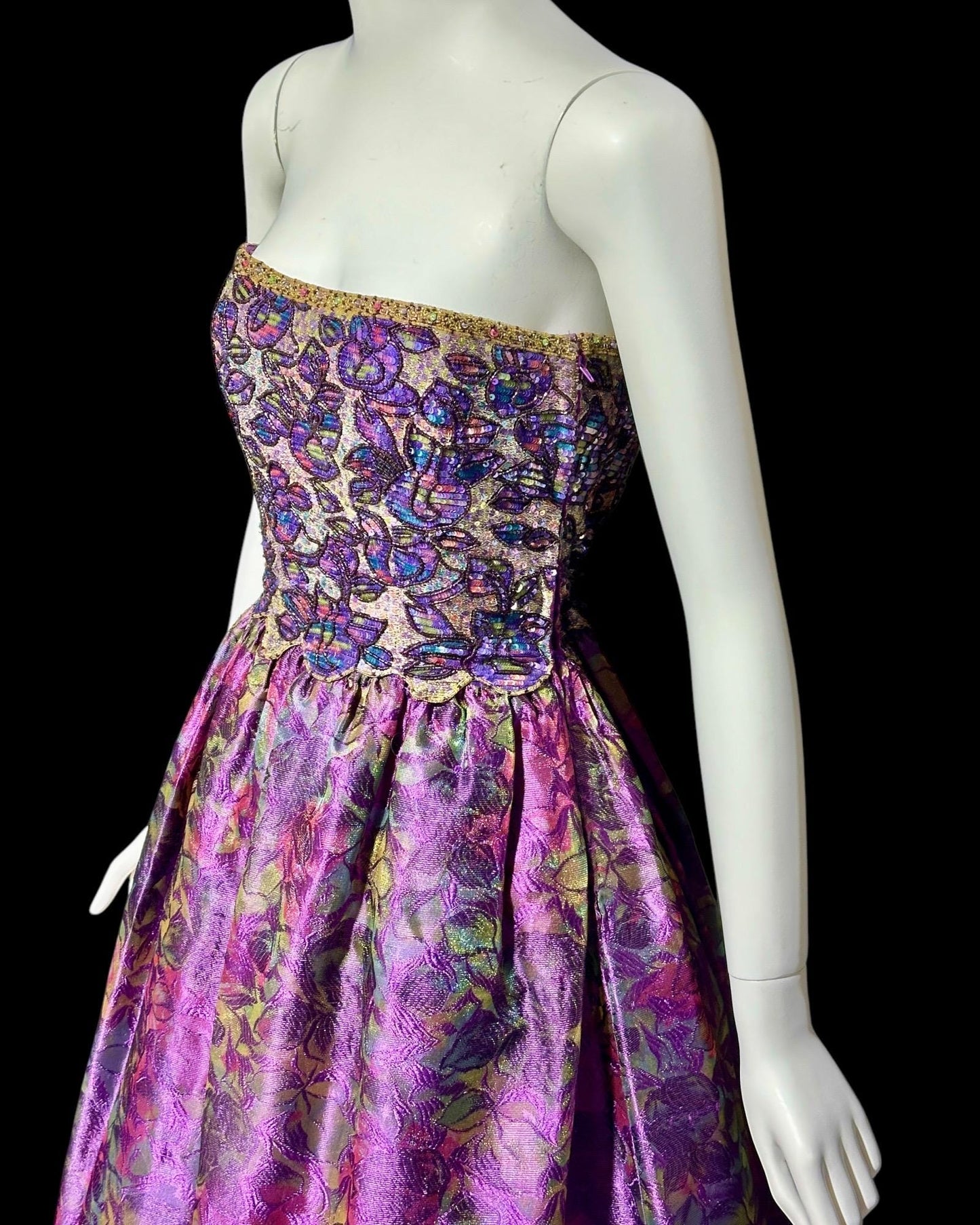 MARY MCFADDEN COUTURE, vintage 1980s evening dress, Saks Fifth Avenue Purple beaded floral ball gown