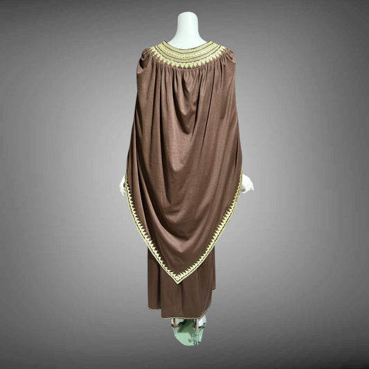 1970s vintage caftan dress, brown and gold metallic kaftan with attached cape