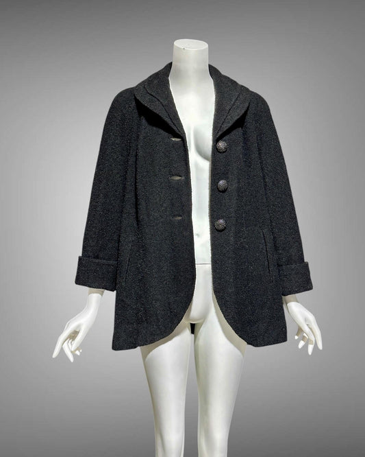 1940s vintage evening swing coat, black nubby wool jacket
