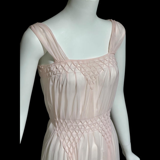 BELDING CORTICELLI, vintage 1950s nightgown slip dress, ethereal petal pink nylon chiffon with smocking, Italian full length gown