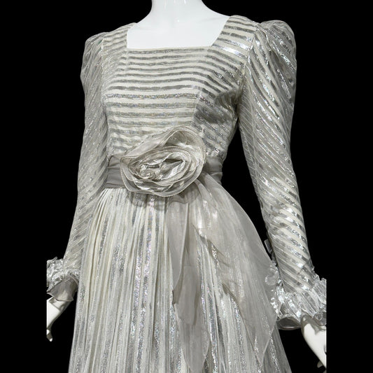 KAY KIPPS Vintage 1970s Evening Dress Gown: silver metallic gall gown long dress