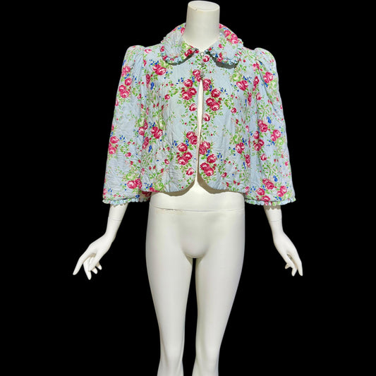 1930s vintage quilted bed jacket, blue satin with rose print short night robe