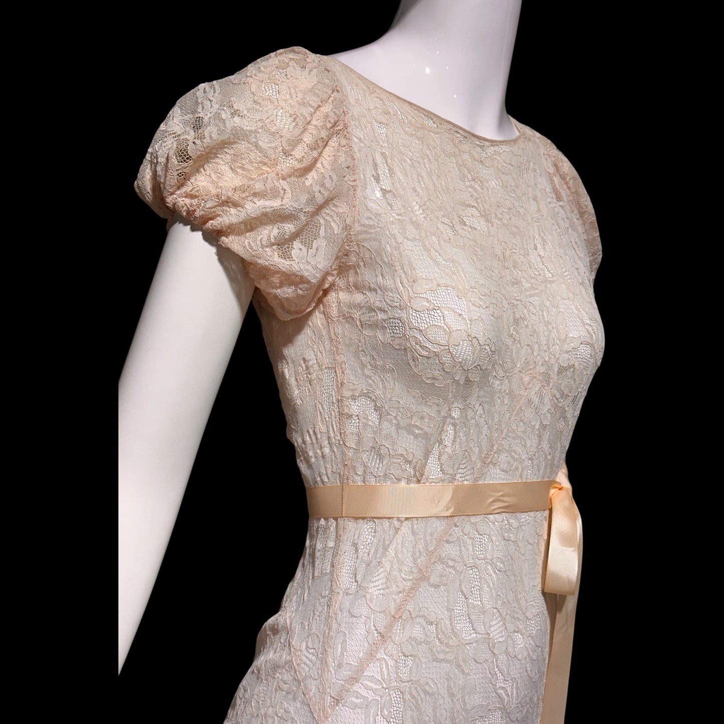 FRANKLIN SIMON vintage 1930s evening dress, totally sheer blush lace, bias cut see through feather weight sheath gown