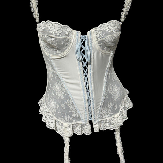 JEZEBEL of HOLLYWOOD, vintage 1970s bustier, Lace Up Corset front with garters