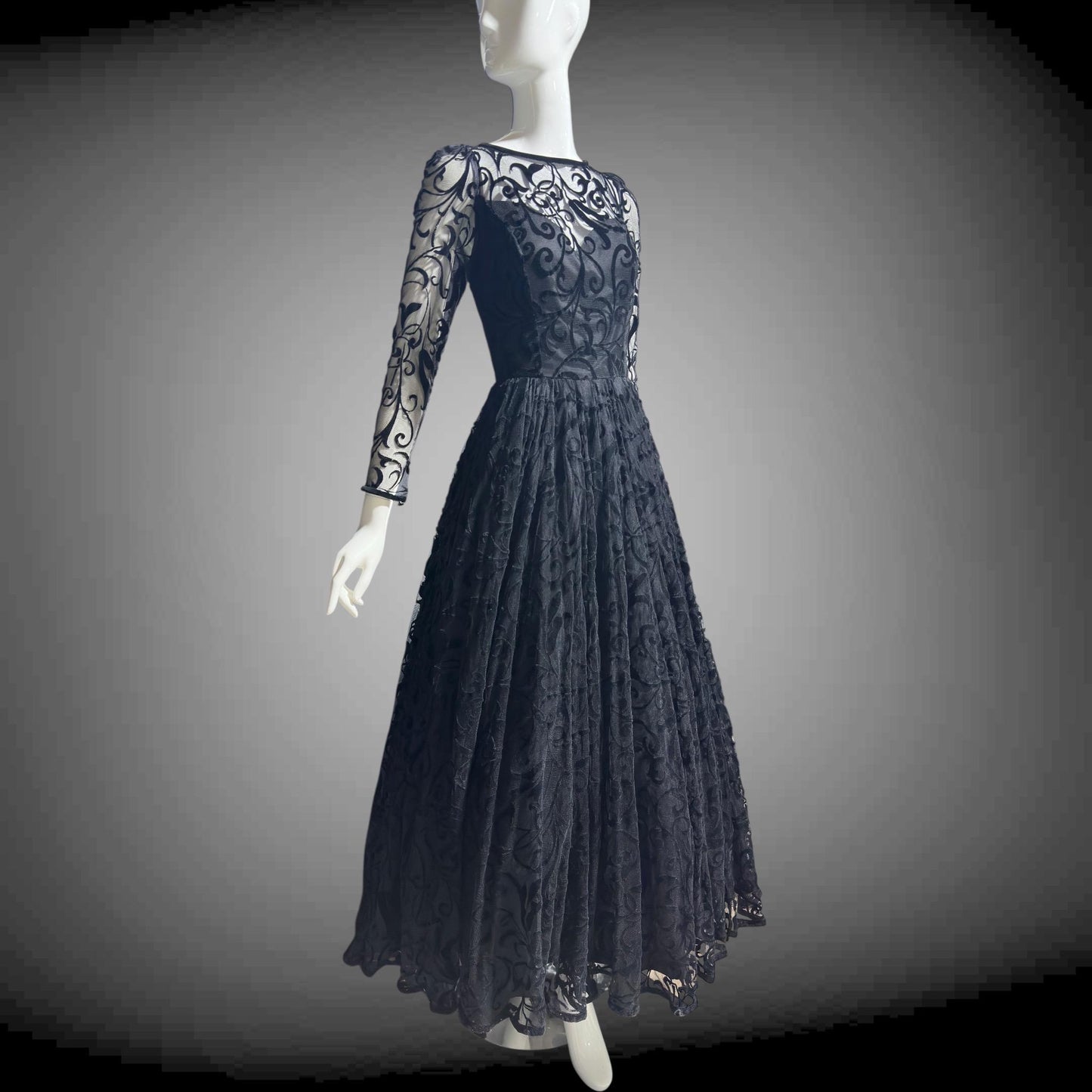 CAROLINE CHARLES, vintage 1980s evening dress ball gown, Made in England, Neiman Marcus Black formal dress