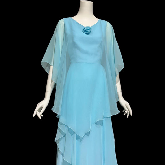 1960s vintage evening dress, turquoise blue poly chiffon scarf cape dress gown