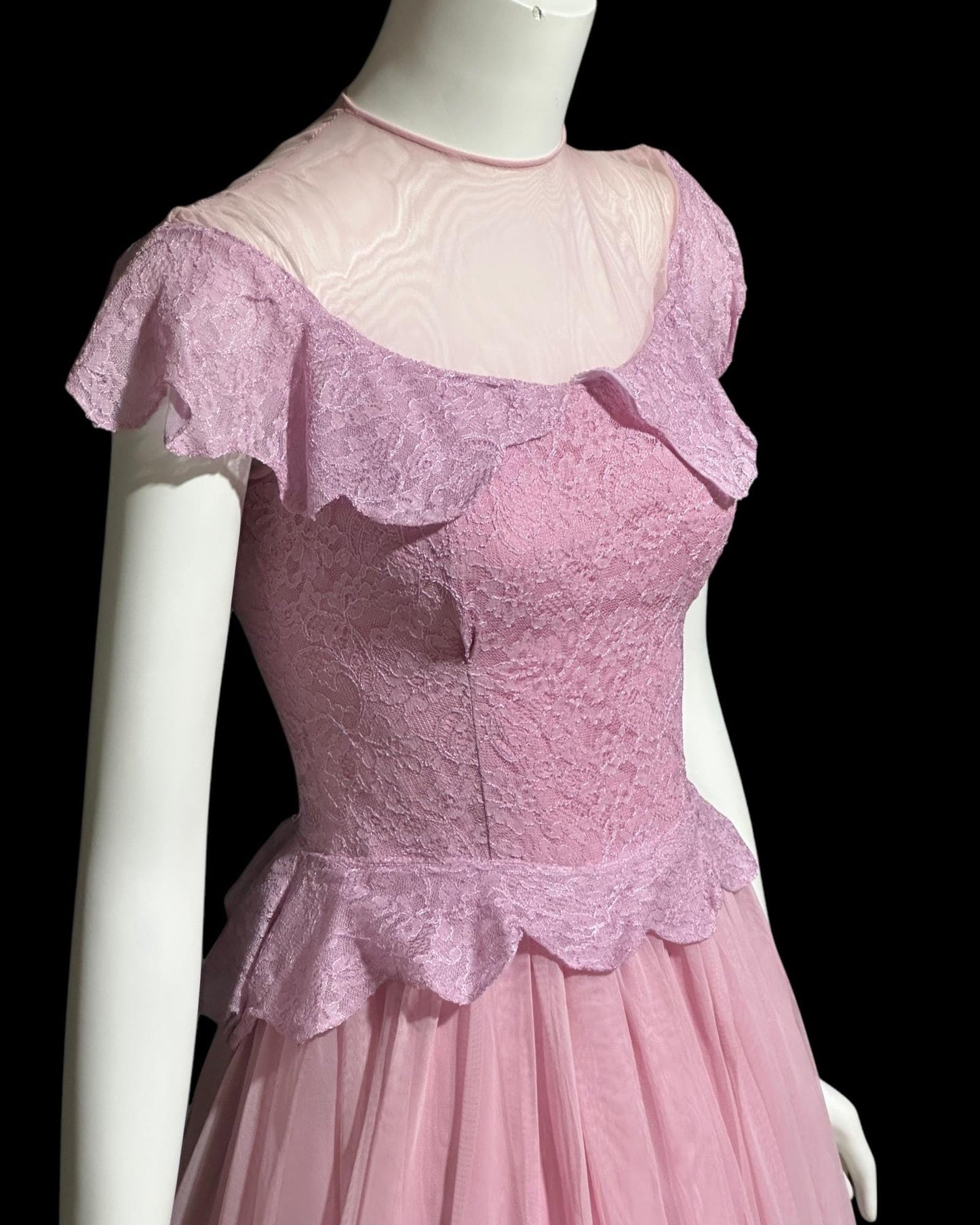 1940s vintage evening gown dress, Orchid purple mesh cupcake prom dress, illusion top with ruffle, peplum circle skirt