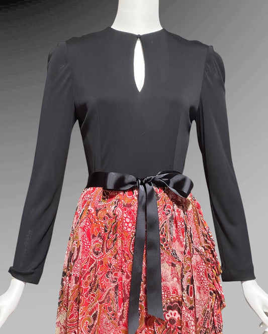 MOLLIE PARNIS BOUTIQUE, for Lord & Taylor, vintage 1970s evening dress, black jersey knit with red paisley maxi dress