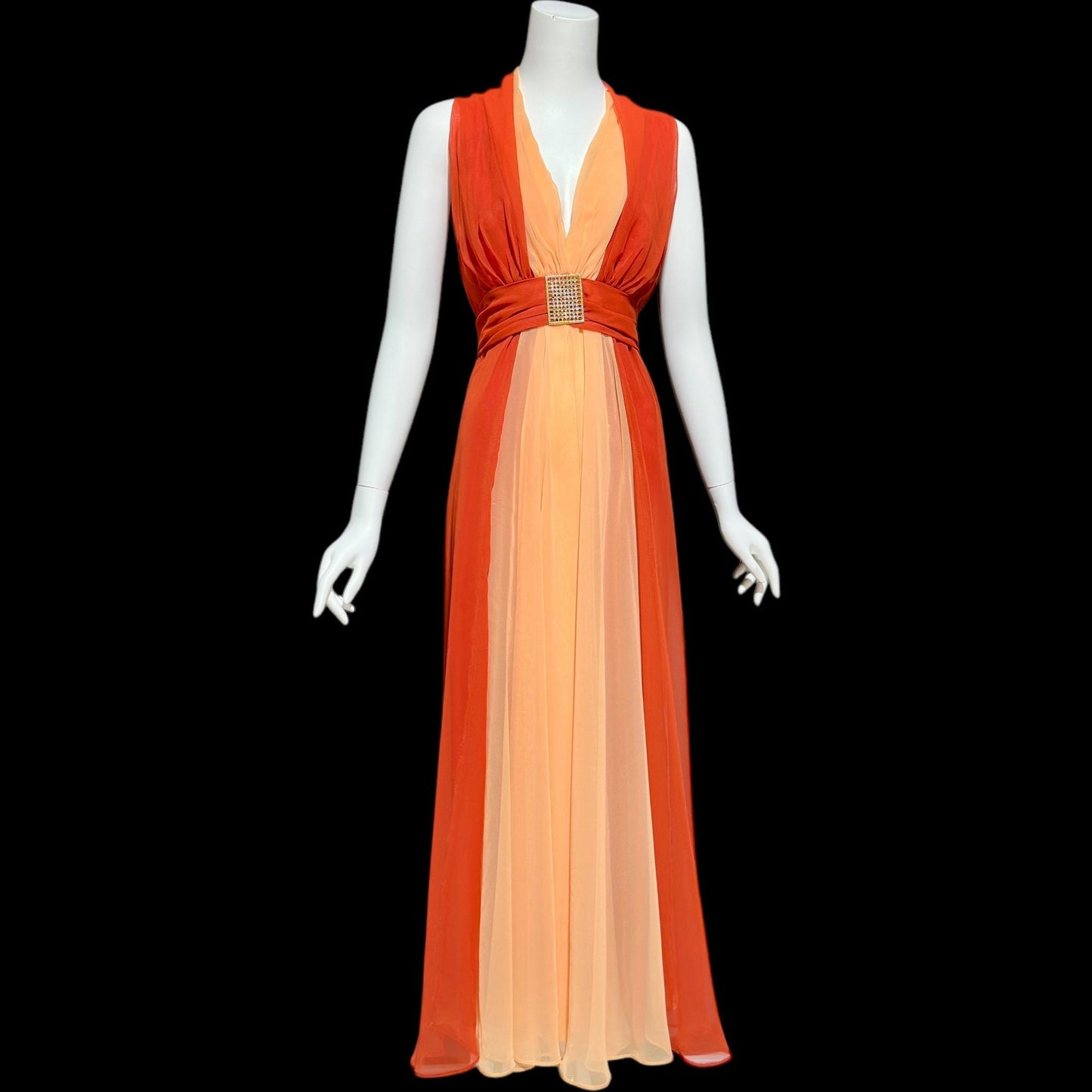 EMMA DOMB, vintage 1970s evening dress, rust and peach chiffon gown