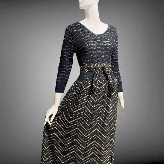 VERA MAXWELL Speed Suit, vintage evening dress, 1970s black gold sweater knit maxi dress