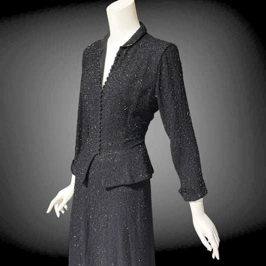 CEIL CHAPMAN vintage 1940s Beaded Evening Suit, Black crepe Cocktail Skirt and Jacket set