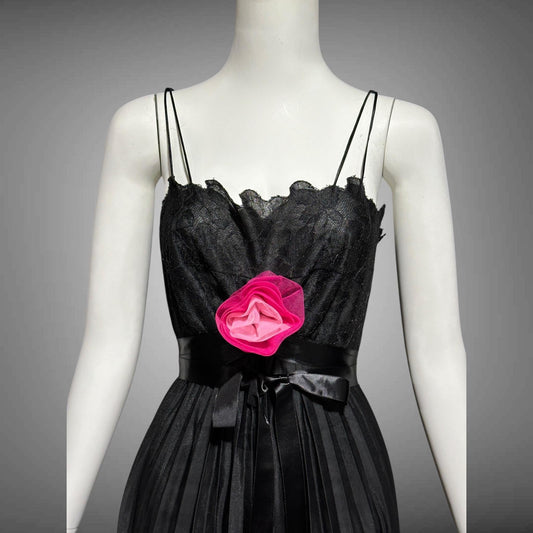 VANITY FAIR, vintage 1950s nightgown slip dress, Black sheer chiffon full pleated night dress, rosette Grecian goddess gown