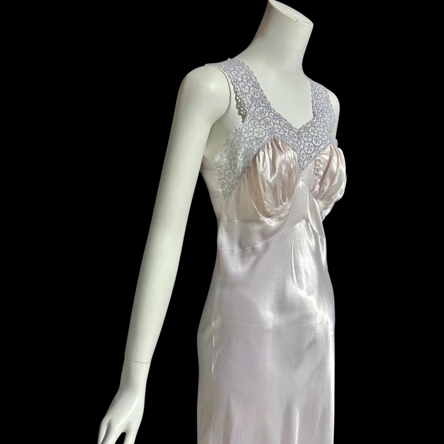 1940s vintage Nightgown slip dress, Shiny bias cut lavender night dress, full length with blue eyelet lace