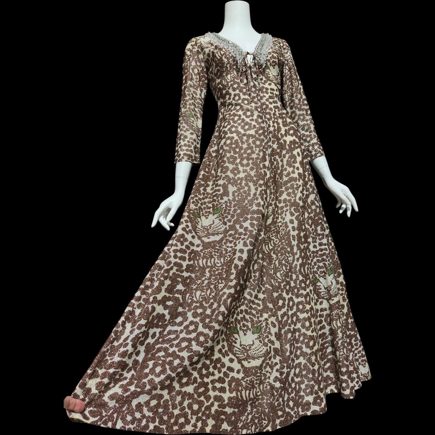 TAMMY vintage 1970s lurex maxi dress, slinky leopard animal print metallic knit party dress