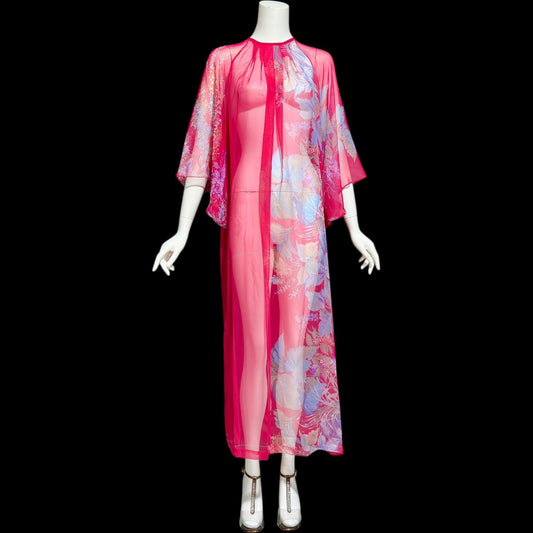 1970s Vintage sheer caftan, Sheer nylon raspberry pink with Hawaiian flowers, loose house dress, hostess gown beach coverup