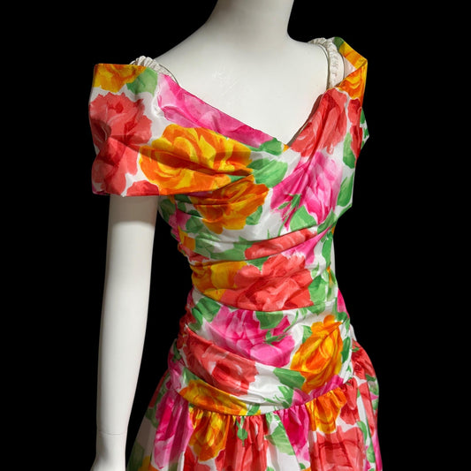 SCAASI BOUTIQUE Neiman Marcus, vintage 1980s evening dress, bold roses flowers, off shoulder ball gown