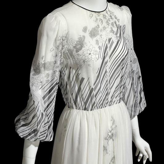 MOLLIE PARNIS by Morty Sussman, vintage 1970s evening dress, chiffon black and white floral poly chiffon gown