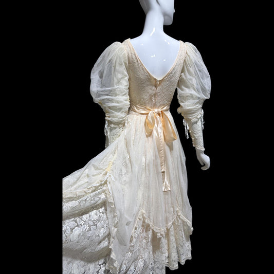 MARIANA HARDWICK vintage 1980s wedding dress, Cream lace & tulle romantic midi gown