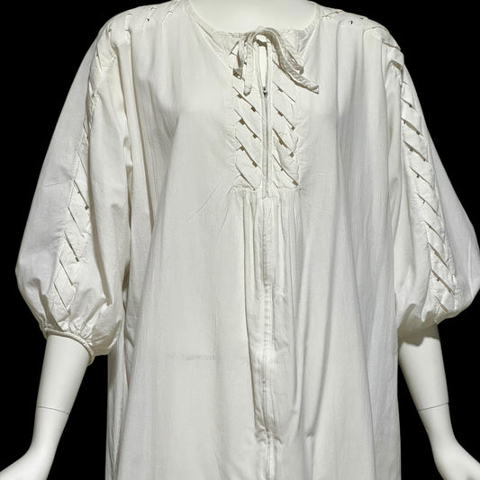 KEYLOUN, vintage 1970s caftan dress, white cotton zip front Hippie Boho Kaftan Dress