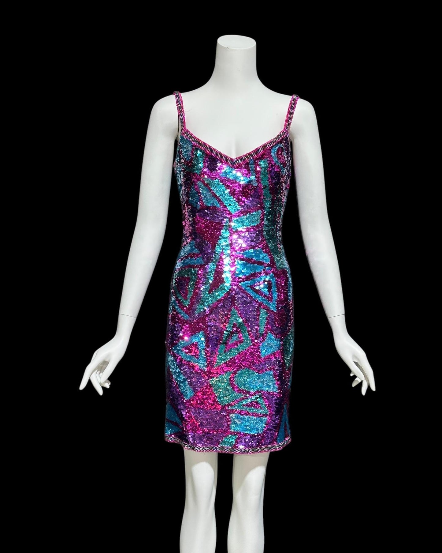 ALYCE vintage 1990s slip dress, sequin cocktail mini dress, Hot Pink jewel tone sequin