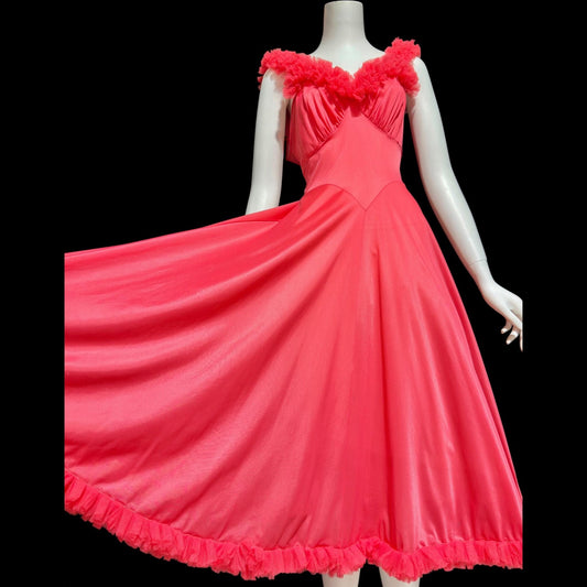 ROGERS, vintage 1950s nightgown slip dress, vibrant coral salmon ruffled twirling night dress