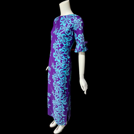 LORD & TAYLOR vintage 1960s Hawaiian evening dress, purple and blue floral print cotton dress