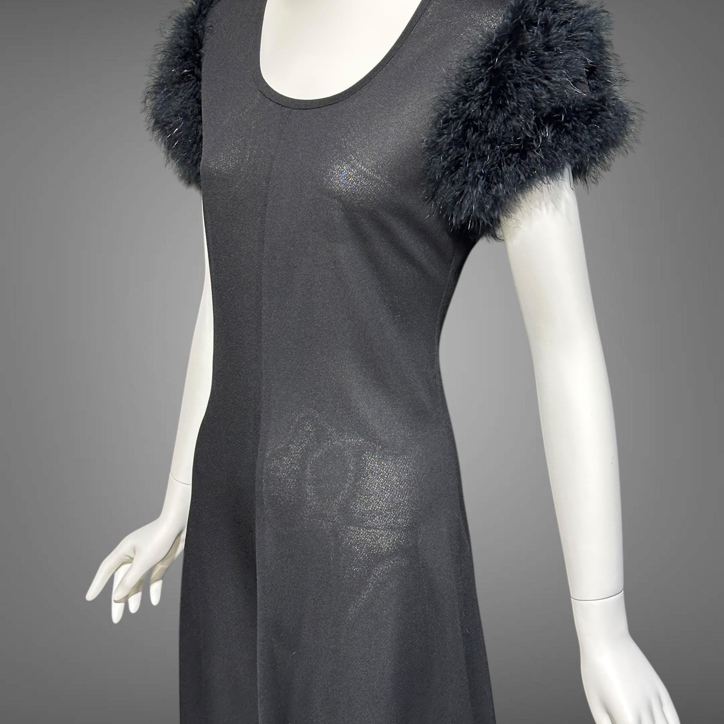 FIFTH AVENUE ROBES, vintage 1950s nightgown, black sheath evening gown with marabou sleeves, totally sheer house dress