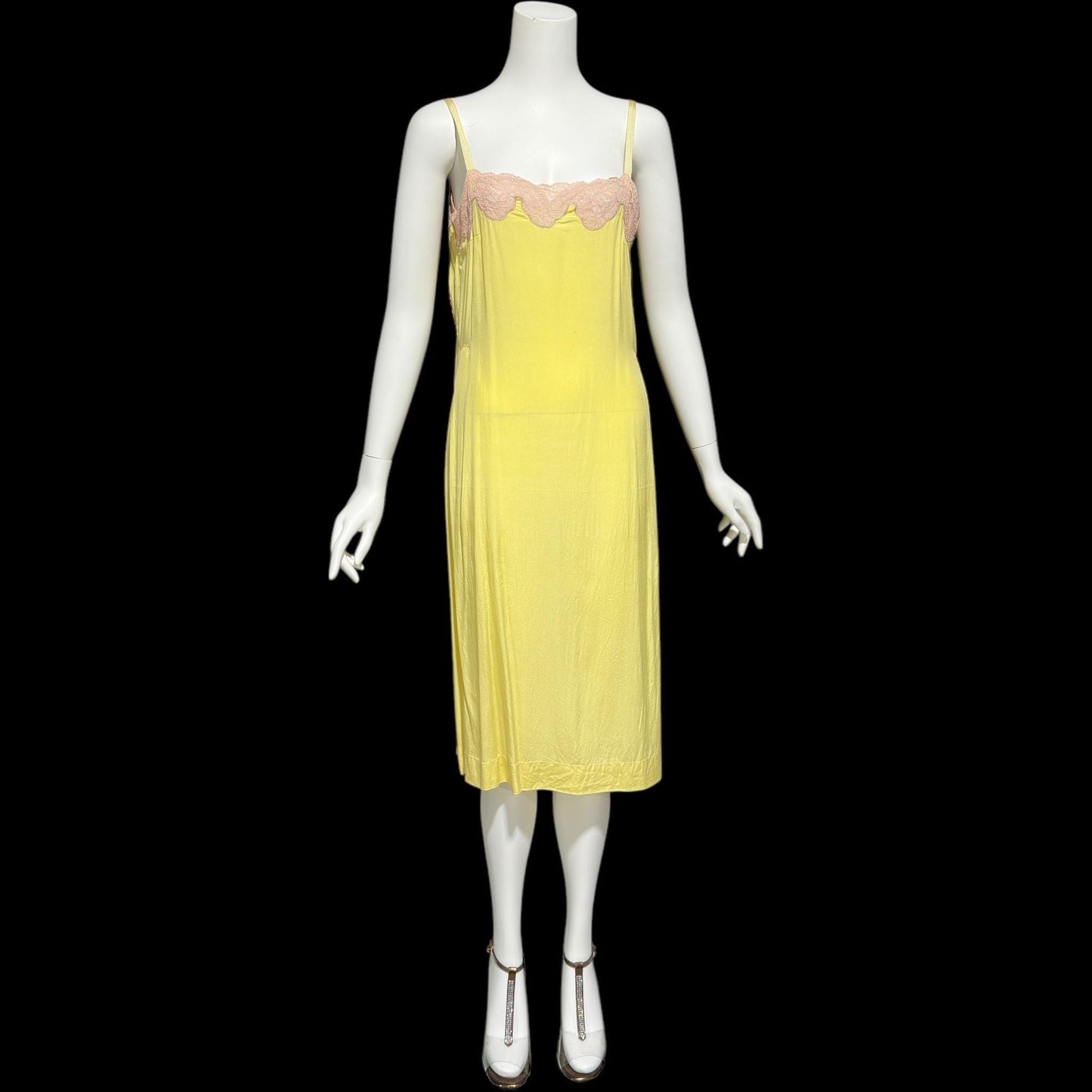 1920s vintage nightgown slip dress, canary yellow silk and pink lace shift dress