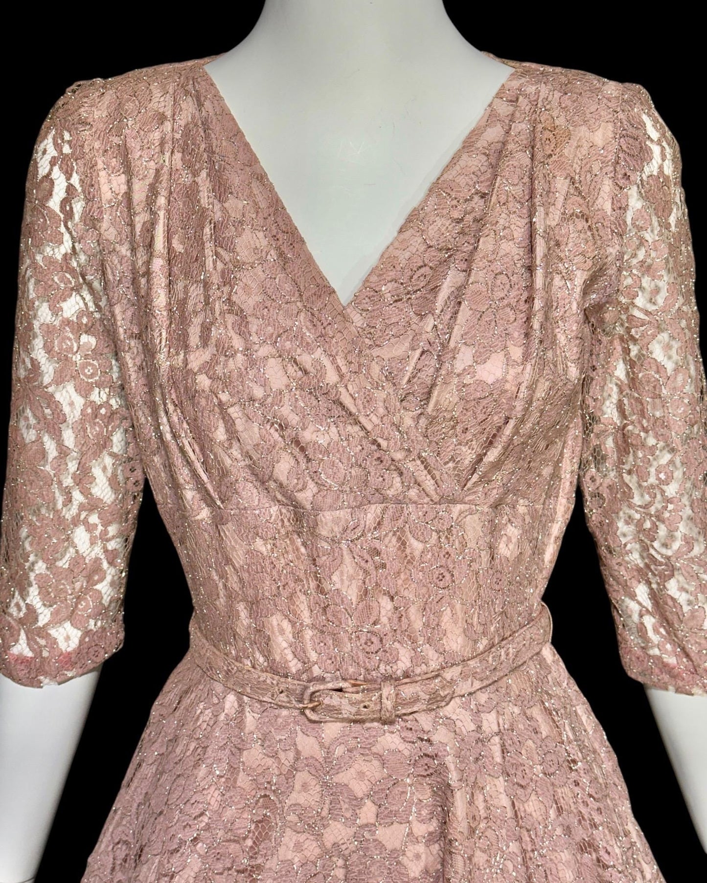 ANN KAUFFMAN, vintage 1940s dress, Old Rose Pink lace w/ silver metallic, shelf bust fit and flare cocktail party evening dress