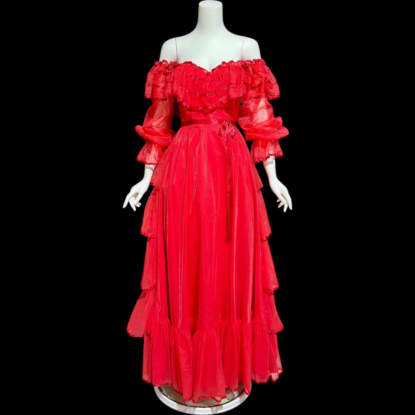 DANCE ALLURE, vintage 1980s evening dress, RED off-the-shoulder prom gown, ruffled tiered skirt