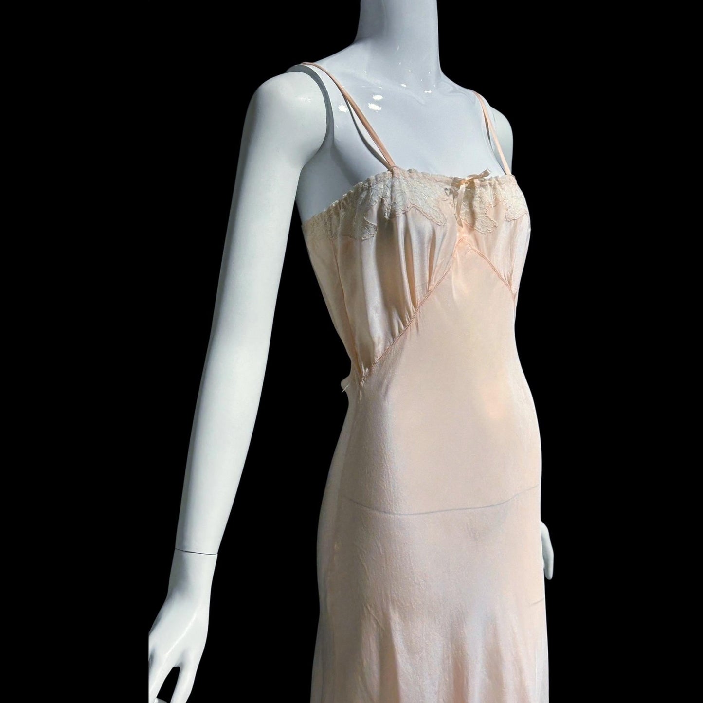 1930s vintage Pale Peachy Pink Rayon Slip Dress: Bias Cut Nightgown, Lace Trim