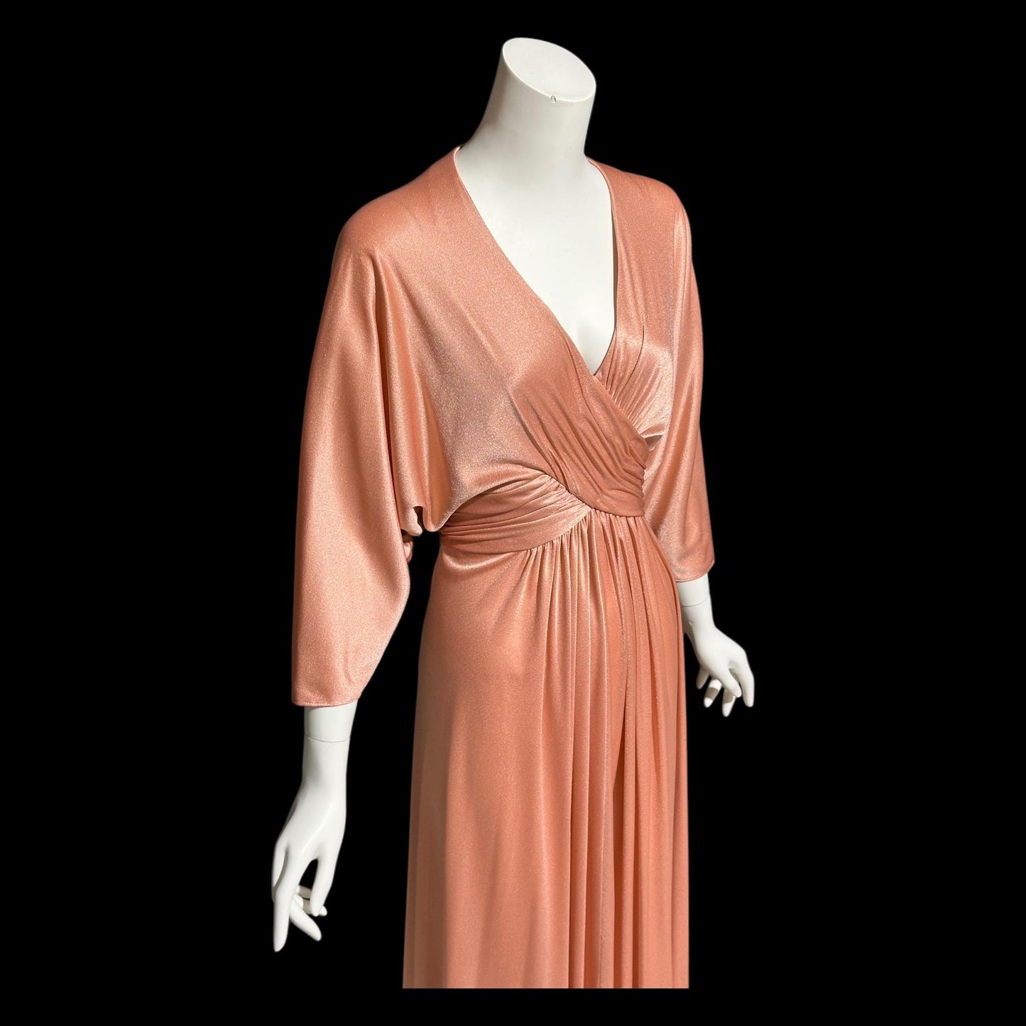 ESTEVEZ vintage 1970s evening dress, peachy copper jersey knit Goddess hostess dress