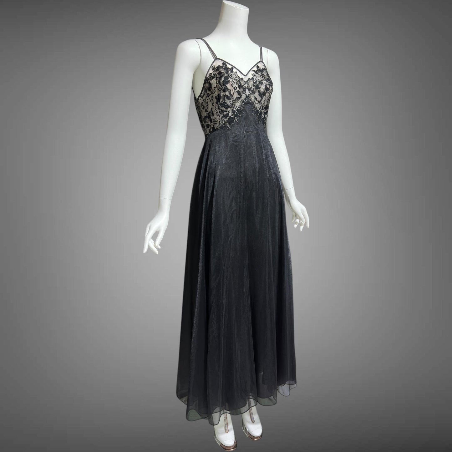 VANITY FAIR, vintage 1950s Nightgown Slip Dress, Dramatic black and silver double layer full sweep gown