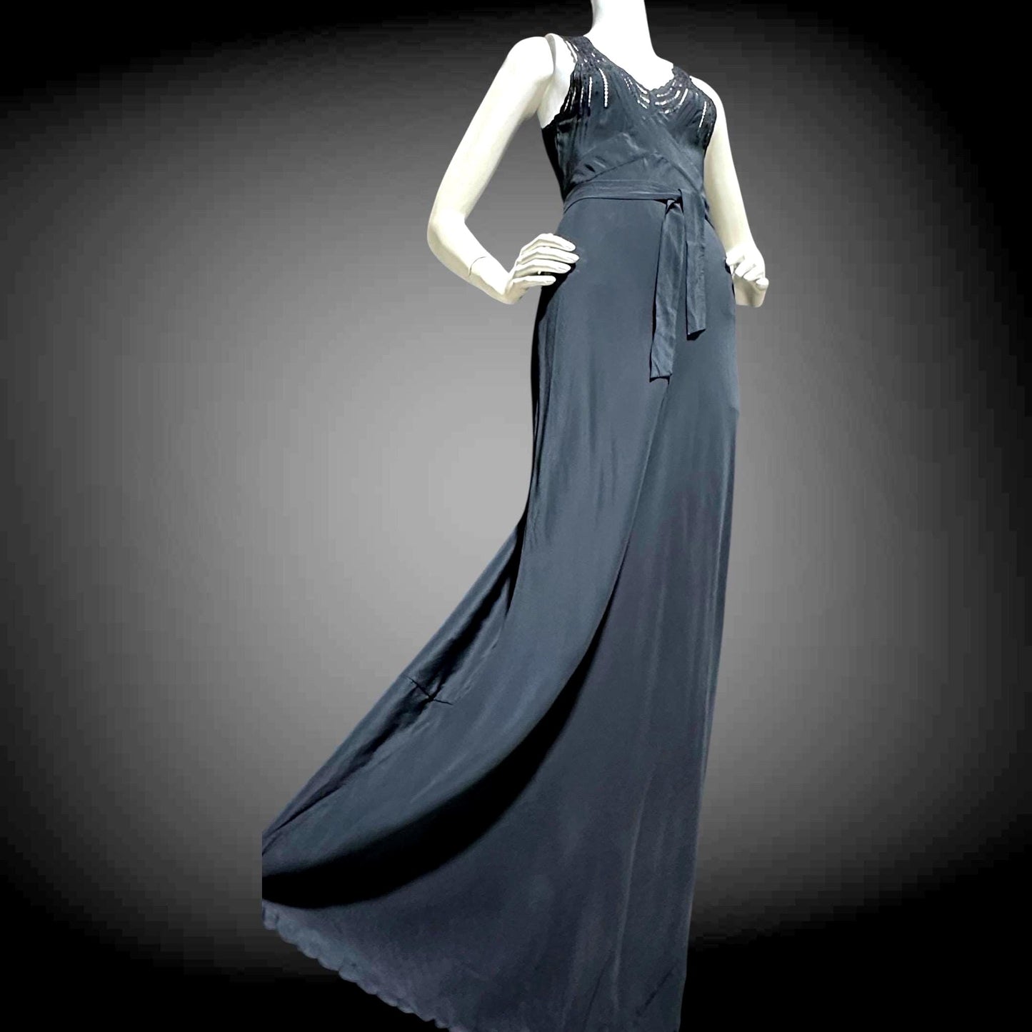 PEONY, vintage 1950s Silk Nightgown slip dress, inky black bias cut hand embroidered gown