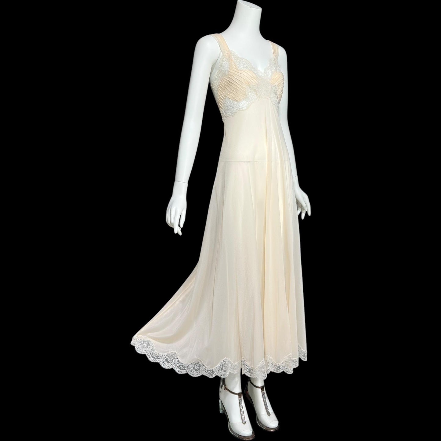 ROGERS vintage 1950s nightgown slip dress, ethereal soft peach chiffon and lace pin tucks, full length
