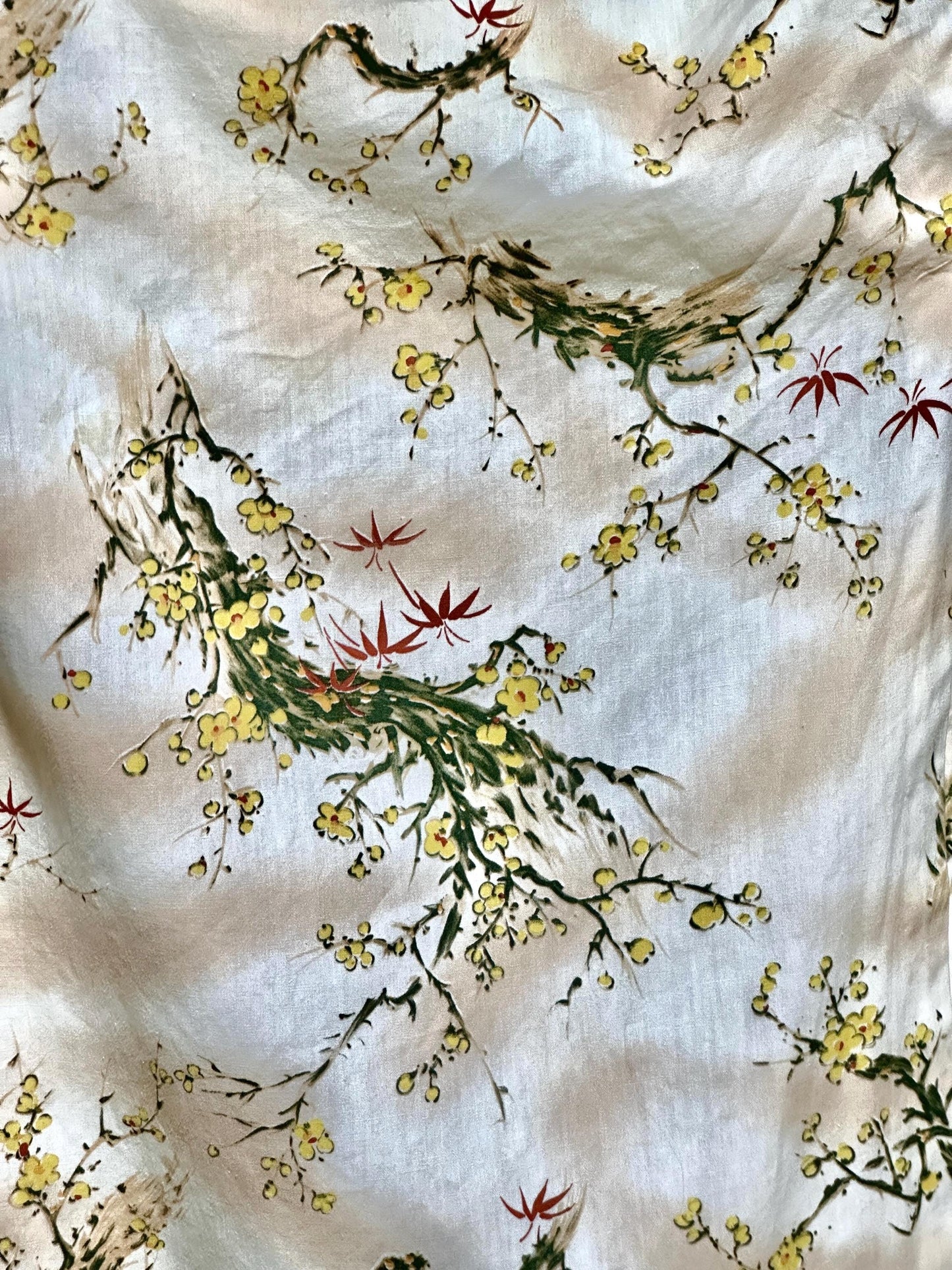 1970s vintage kimono dressing gown, Japanese summer cotton house coat robe, yellow dogwood branches