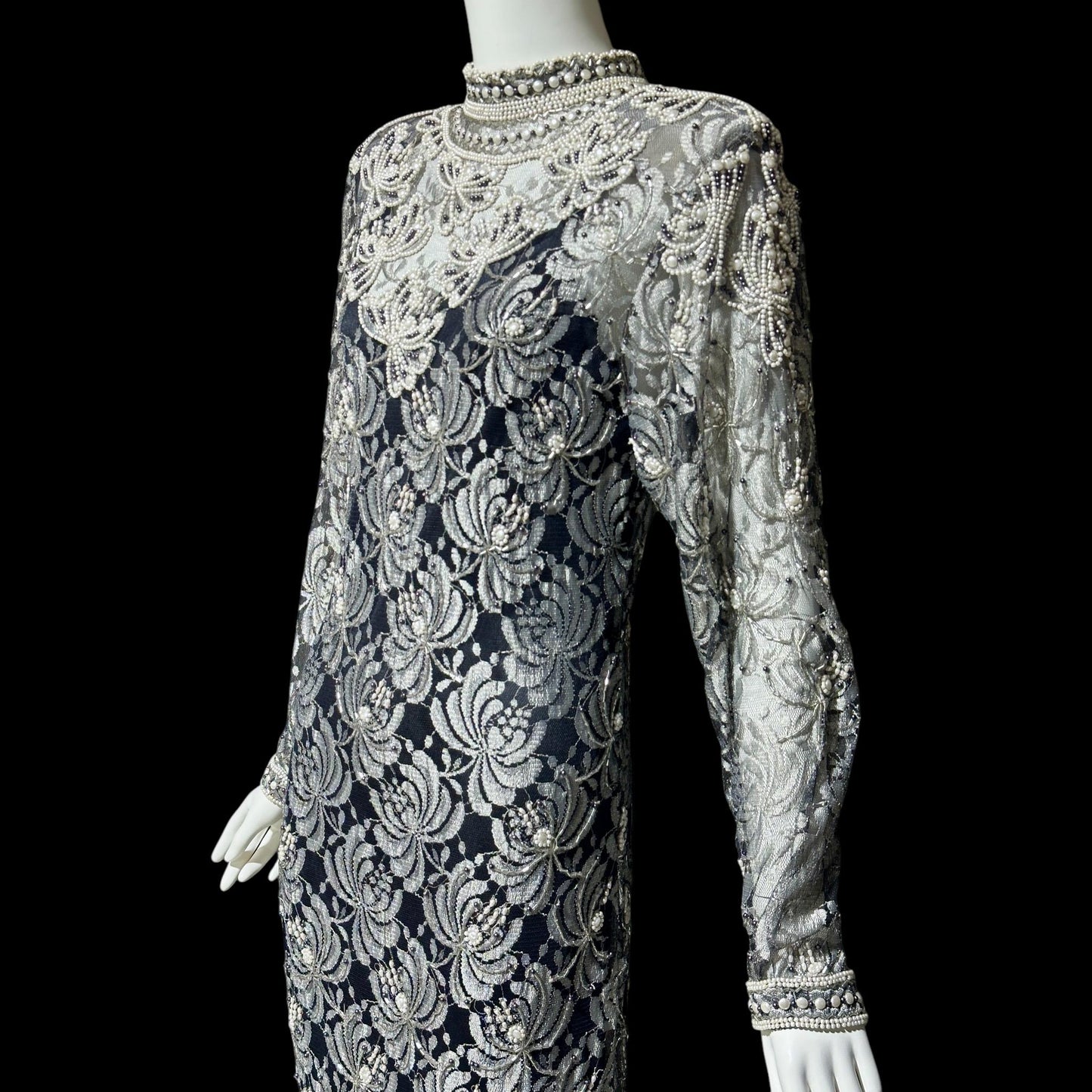 JUDITH ANN, Vintage 1980s sheer beaded dress, Black sheer mesh with beads, Hight neck with ruffle sheath cocktail party dress