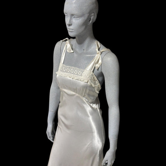 1940s vintage Nightgown slip dress, Shiny bias cut bridal white full length night dress