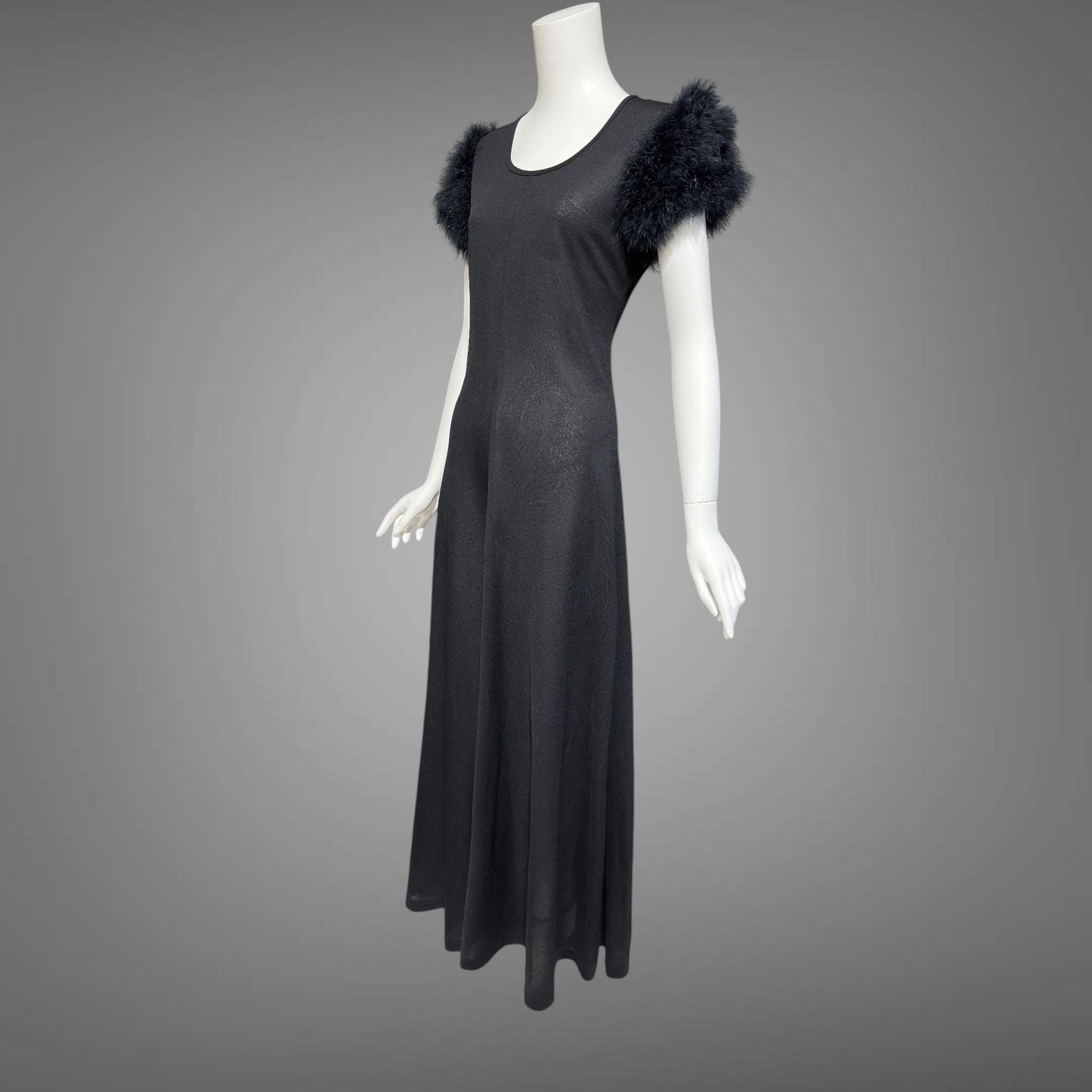 FIFTH AVENUE ROBES, vintage 1950s nightgown, black sheath evening gown with marabou sleeves, totally sheer house dress