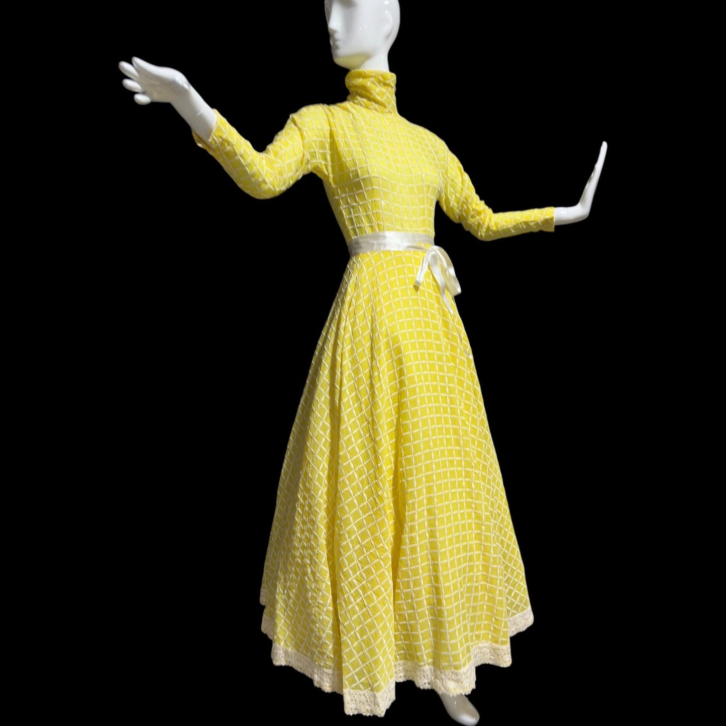 LILLIE RUBIN vintage 1970s evening dress gown, lemon yellow windowpane plaid ball gown