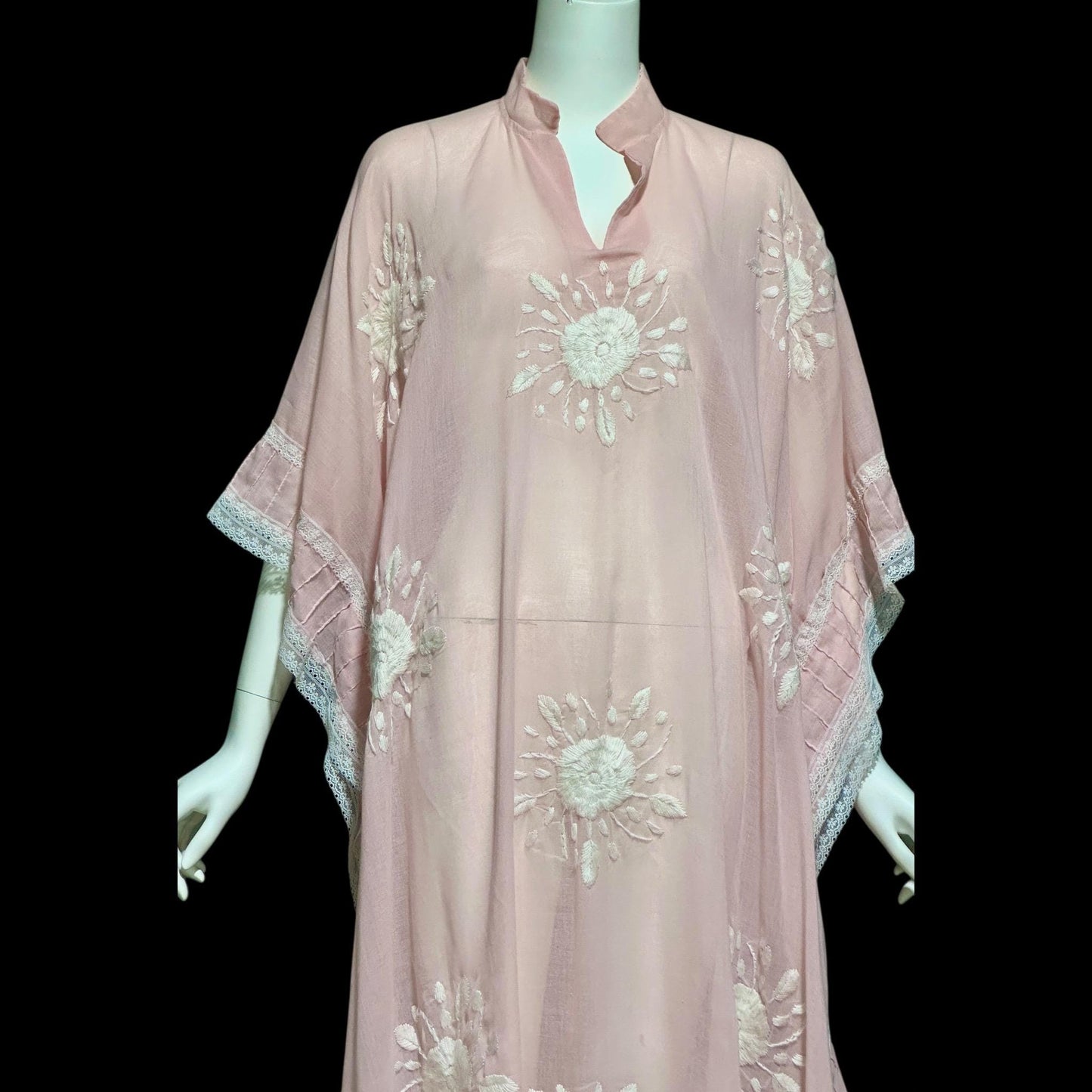1970s Vintage sheer caftan dress, baby pink cotton poly blend with white embroidered flowers