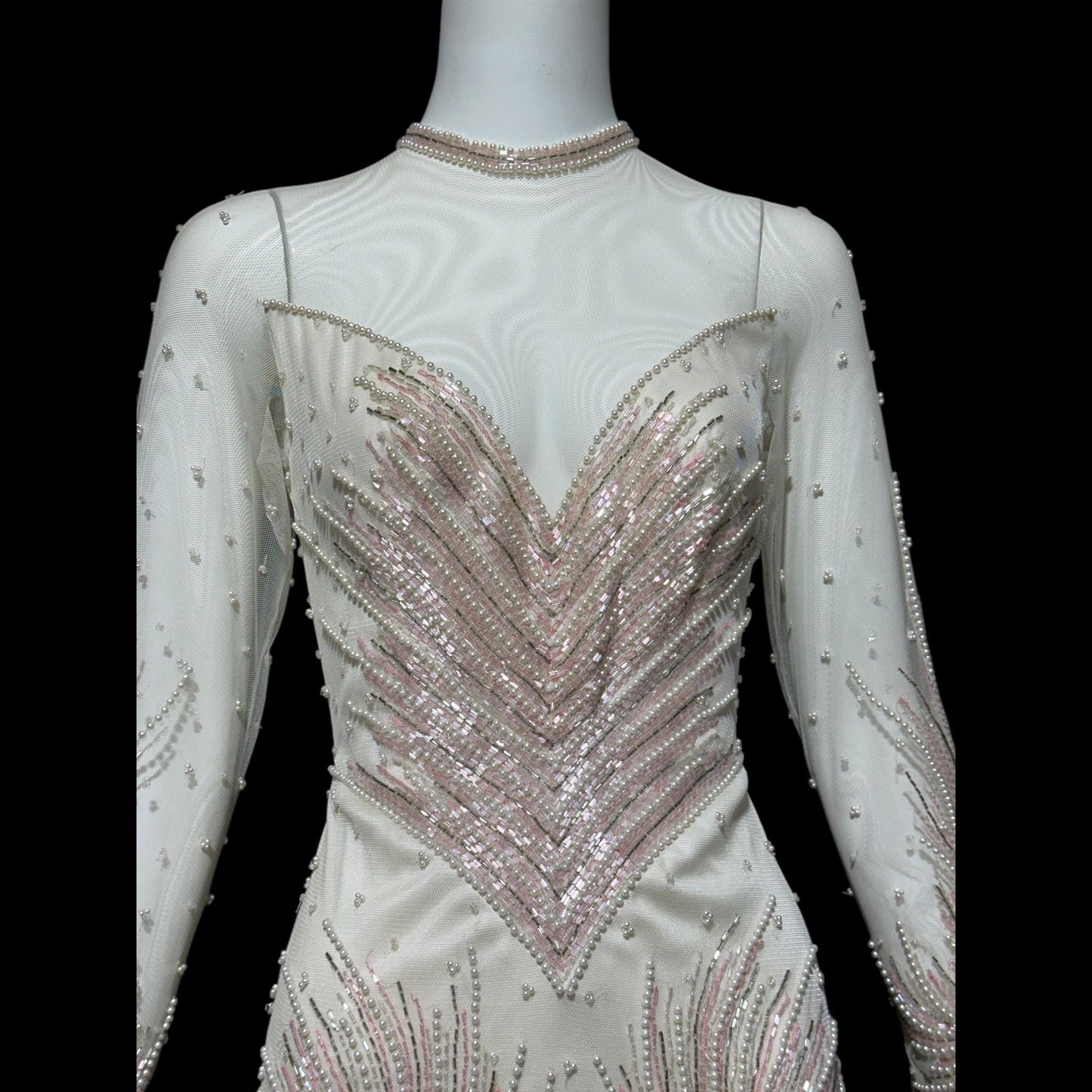 CARLOTA ALFARO, vintage 1980s evening gown, White pink beaded mermaid dress, ruffled bottom, illusion neckline